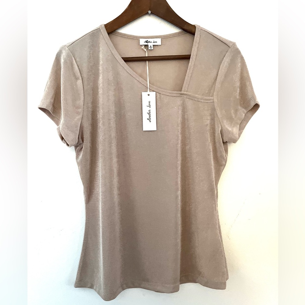 NWT Another Love Knit Jersey Asymmetrical Neckline Cap Sleeve Tan Size M